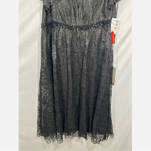 NWT Mac Duggal‎ [ 22W ] Lace Short Sleeve V-Neck Cocktail Midi Dress Black - Picture 5 of 15